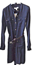 Vestido Camisa Michael Kors $325 Azul Marino Parche con Cinturón Bolsillos Seda Talla 00 Nuevo con Etiquetas
