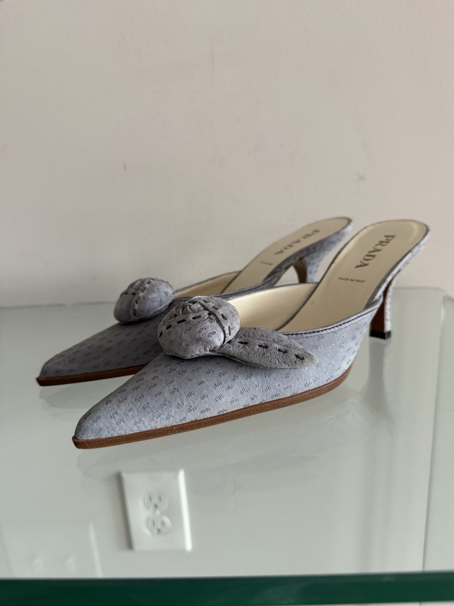 靴 Vintage Prada Gray Satin Mules 36 1/2 NEW $435 VINTAGE PRADA SUEDE ROSE MULES KITTEN HEEL SHOES SZ 36