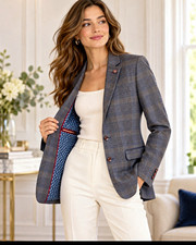 Ted Baker London Womens US 6 Grey Blue Check 100 Cotton Blazer Portugal US 6