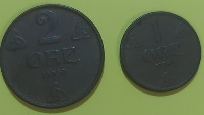 1949 Sweden 2 Ore and 1 Ore Coins - Low Wear Nice Set