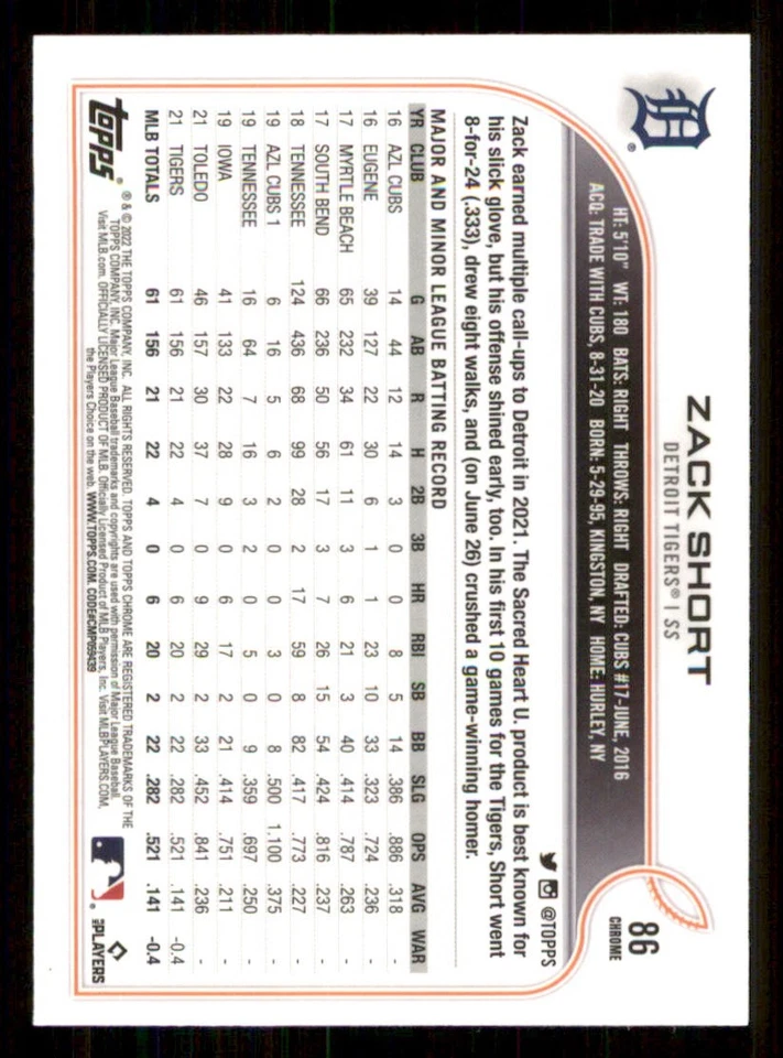 2022 Topps Chrome #86 Zack Short RC - Image 2 of 2