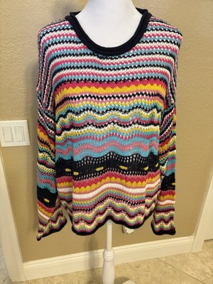 Woven Heart Vibrant Multicolor Striped Crochet Knit Sweater, Relaxed Fit, Large