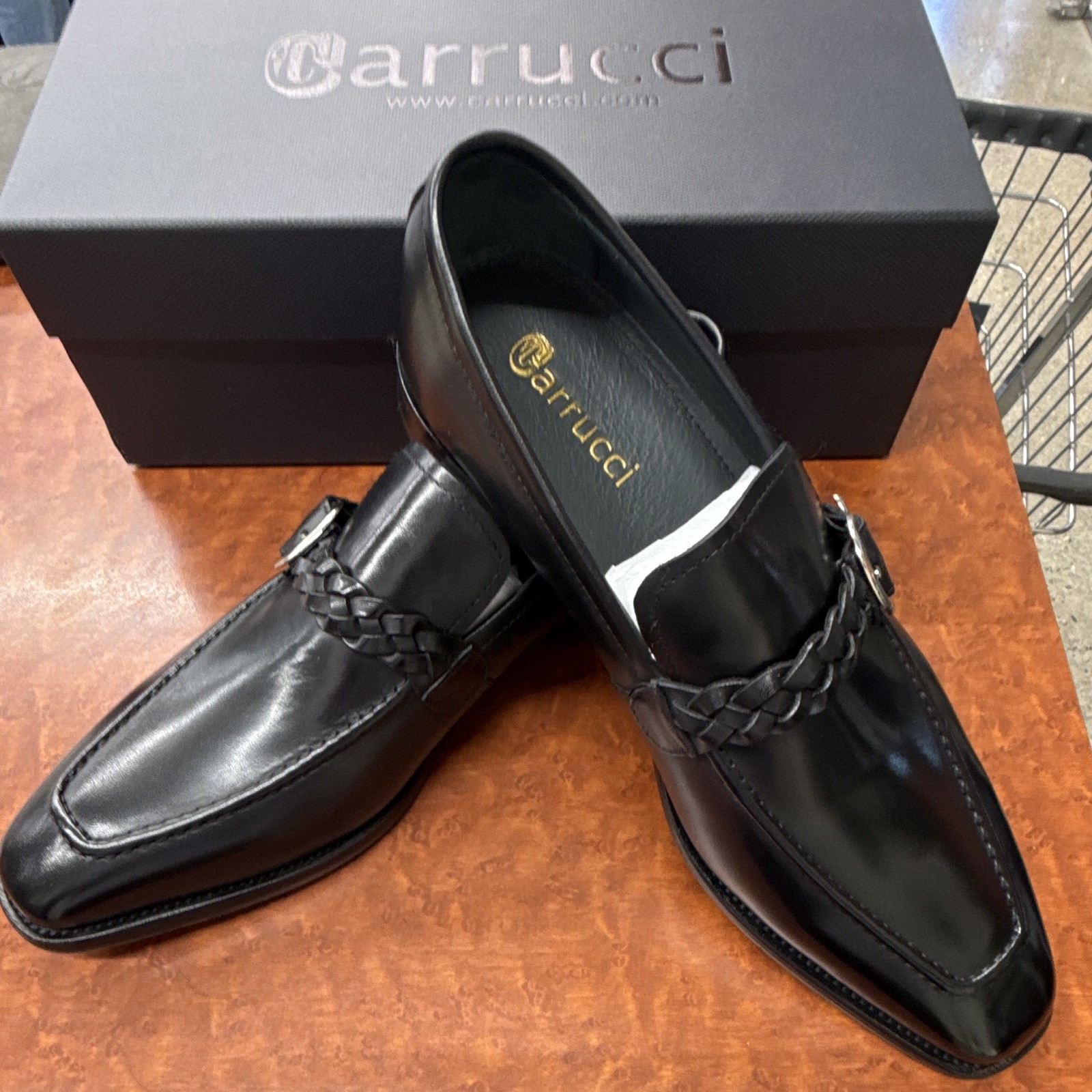 Zapatos de vestir Carrucci para hombre de cuero negro trenzado con correa de monje y hebilla 11 D