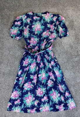 Vintage E.D. Michaels Dress Womens 11-12 Floral Belted Puff Sleeve Rayon 80s