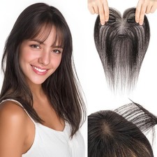 Human Hair Topper with Side Bangs, 3D 360  Seamless Classic Black 11 inch