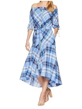 Lauren Ralph Lauren Plaid Midi Shirt Dress Sz 8 Blue Cotton Off Shoulder Coastal