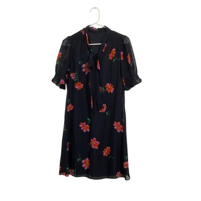 DKNY Navy Blue Floral Dress Chiffon Tie Neck 6 Small Swiss Dot Gathered  Sleeves | eBay
