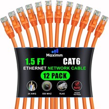 Cat 6 Ethernet Cable 1.5 ft UTP Network Cord 10Gbps 550MHz Orange 12-Pack