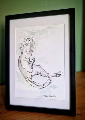 Katze, Zeichnung signiert,  Original von Peer Kent,  Kunst  Tusche auf Papier