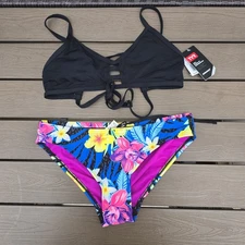 TYR Women Durafast Black Pacific Tieback & Amazonia Floral Bikini Sz L NEW 