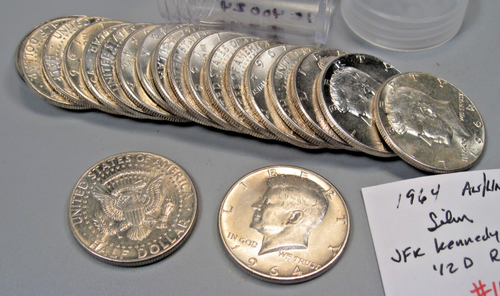 AU/UNC Roll (20 coins) 1964 Silver JFK Kennedy Half Dollars.