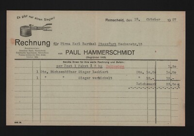 REMSCHEID, Rechnung 1927, Paul Hammerschmidt Büchsenöffner