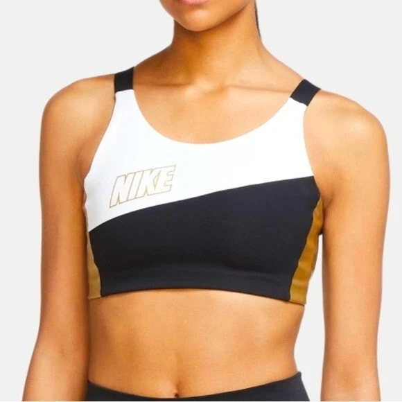 NIKE WOMEN'S SWOOSH METALLIC SPORTS BRA Black Gold SZ Medium M