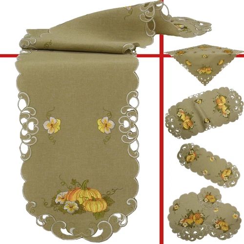Orange Pumpkin Autumn Embroidery Tablecloth Table runner Doily Beige-Green