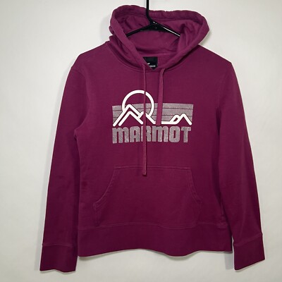 Marmot Hoodie Sweatshirt Womens Size Medium Magenta Spellout Graphic LS STAINS