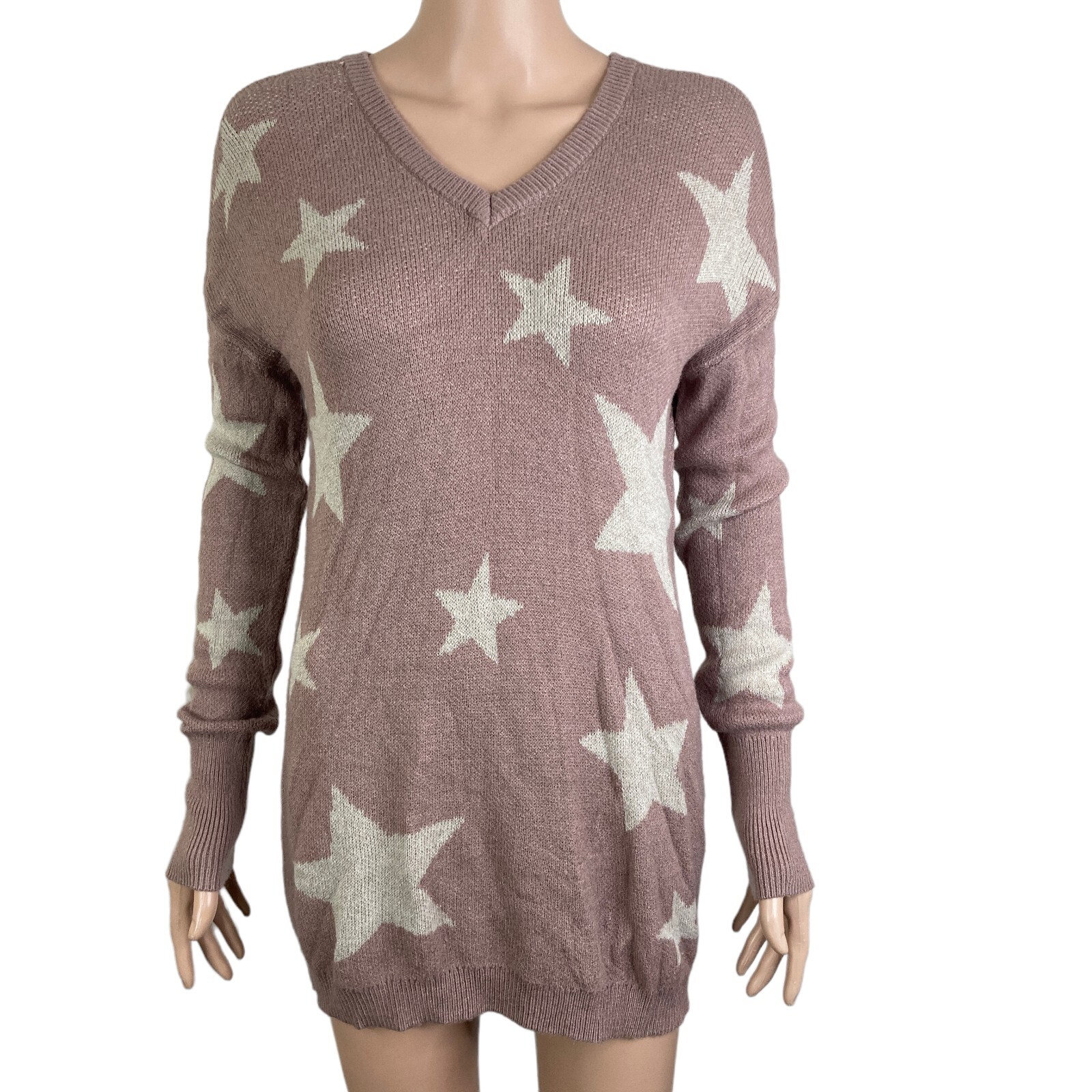Hem & Thread Sweater Womens Small Oversized Stars Mauve White Stretch