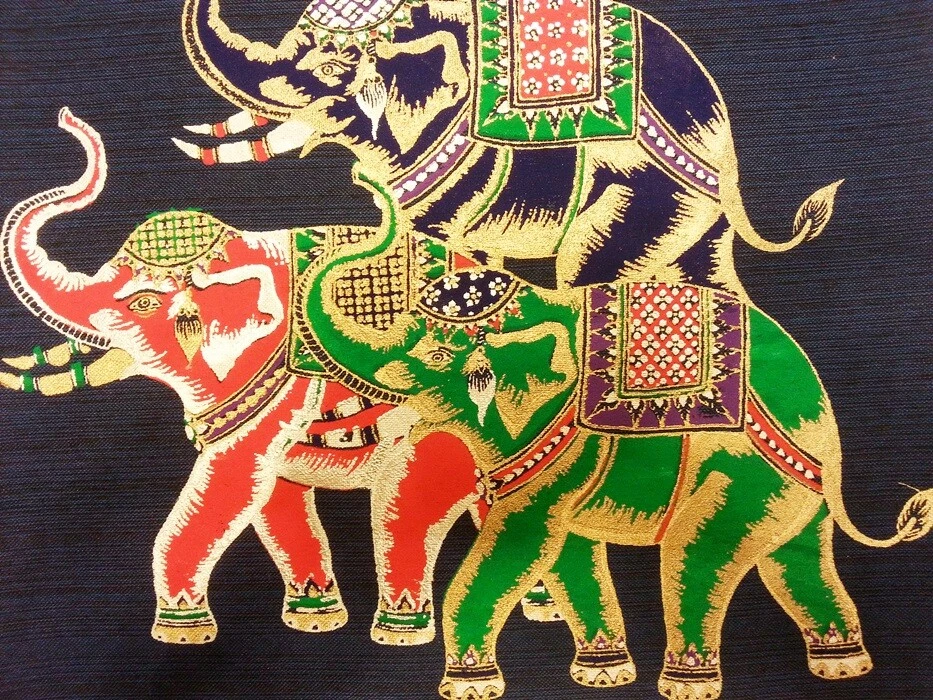 Thai Art Silk Painting Animal Posters Print Colorful 3 Elephant Asian Home Decor - Image 4 of 4