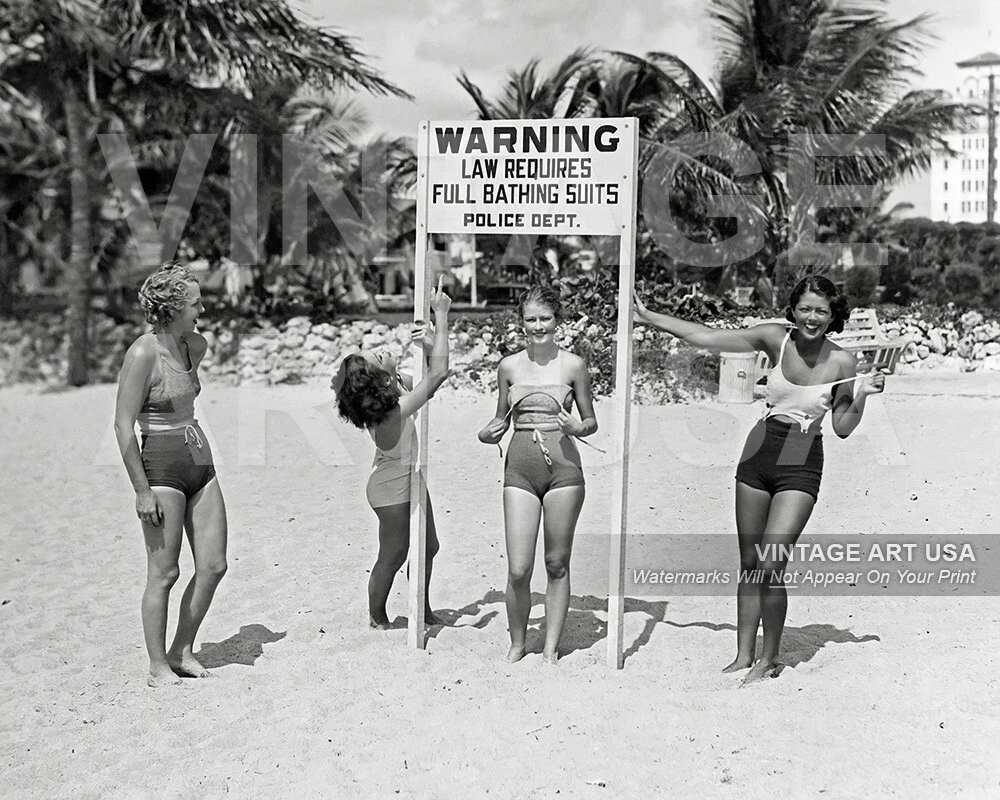 Playful 1930s Girls in Swimsuits Photo Miami Law Requires Full