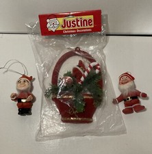 VINTAGE KITSCH FLOCKED CHRISTMAS SANTA WALL DECORATION AND FLOCK SANTA+ELF