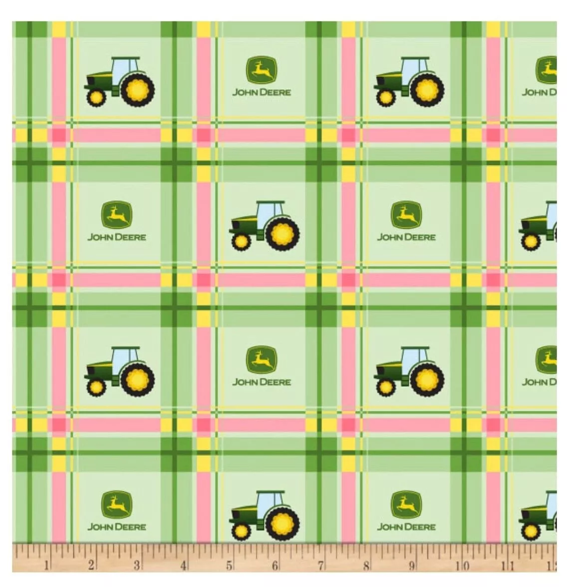 John Deere Fabric Tractor on Green Pink Plaid Baby Nursery