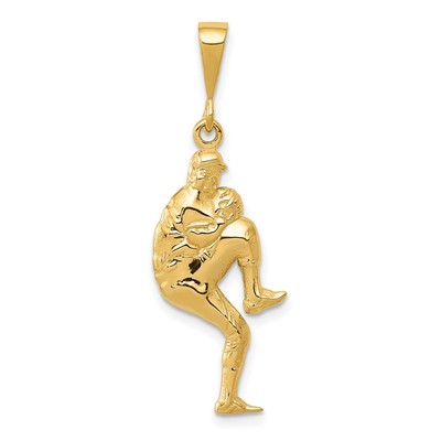 14k Yellow Gold 3-D Baseball Pitcher In Wind-Up Charm Pendant