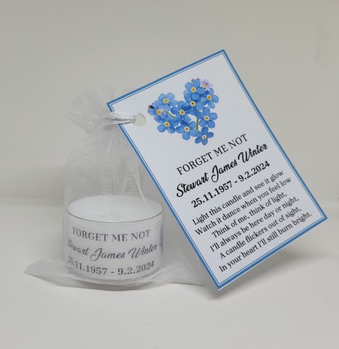 Personalised Funeral Memorial FORGET ME NOT tealight size candle favours - Picture 5 of 7