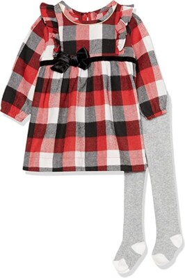 New Mud Pie Girls Baby Girl Buffalo Check Dress &Tight Set Red Holiday 6-9 mos