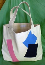 TOTE BAG Canvas ORIGINAL Pink  Turquoise HAND PAINTED Geometric UNUSED USA