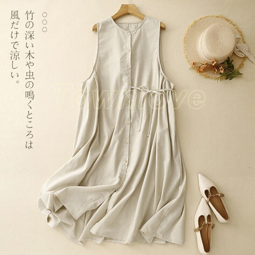 New Cotton Linen Retro Single-breasted Sleeveless Loose Vest Dress Women Belted - Bild 22 von 26