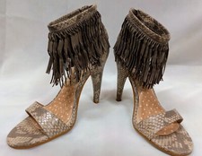 Snake Print Leather High Heels W/Ankle Taupe Fringe Size 6 "H BY HALSTON" #H. AL
