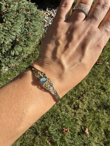 Vintage Cuff Gold Tone Bracelet Unbranded Filigree Art Deco Blue No Markings