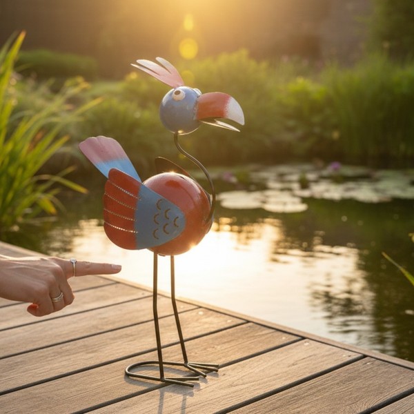 Vogel Gartenfigur Rot Blau Metall Gartendeko Wetterfest Handgefertigt 40Cm-image