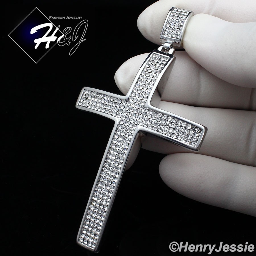 COLGANTE CON DIJE CRUZ PLATA 3D CIRCONITA CÚBICA HELADA ACERO INOXIDABLE HOMBRE*IP21