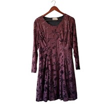 Mac's USA Plum Purple Burnout Velvet Floral Long Sleeve Dress medium Vintage