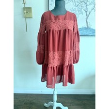 Daizy Rust Red Lace Tiered Babydoll Mini Dress Boho Long Sleeve Small