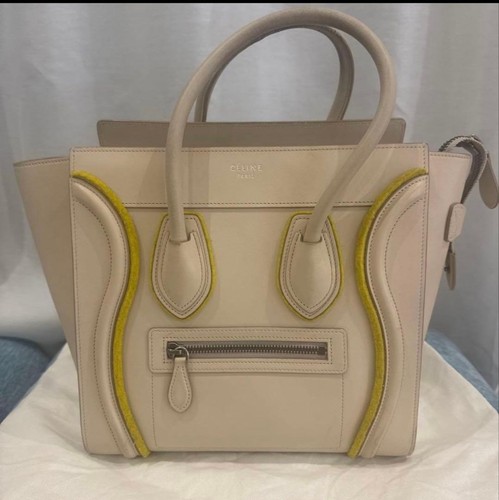 CELINE Luggage Handbag Beige Yellow Leather Tote Bag Purse with Dust Bag Used