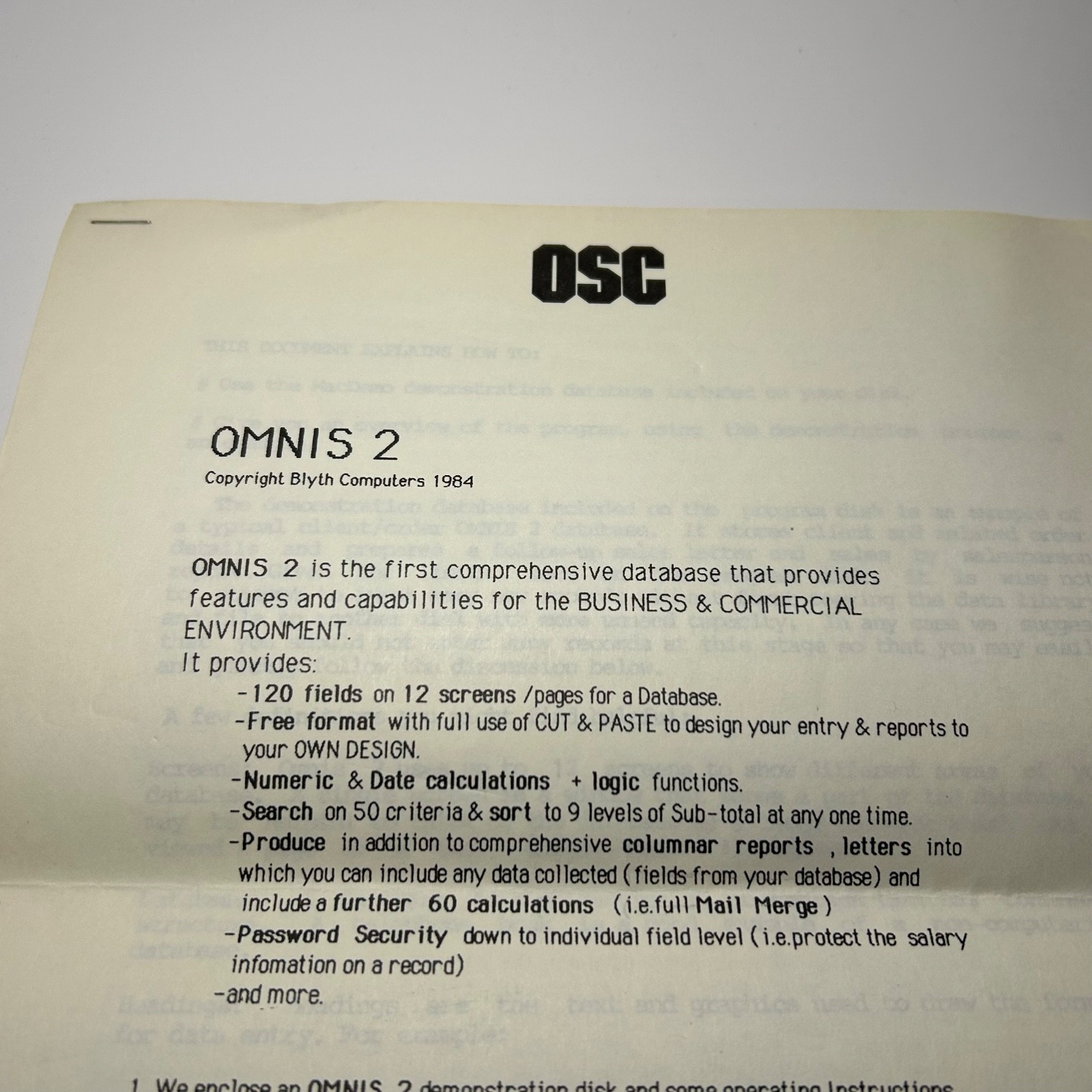 OSC Omnis 2 Original Demonstration Instructions Blyth Computers 1984 ...
