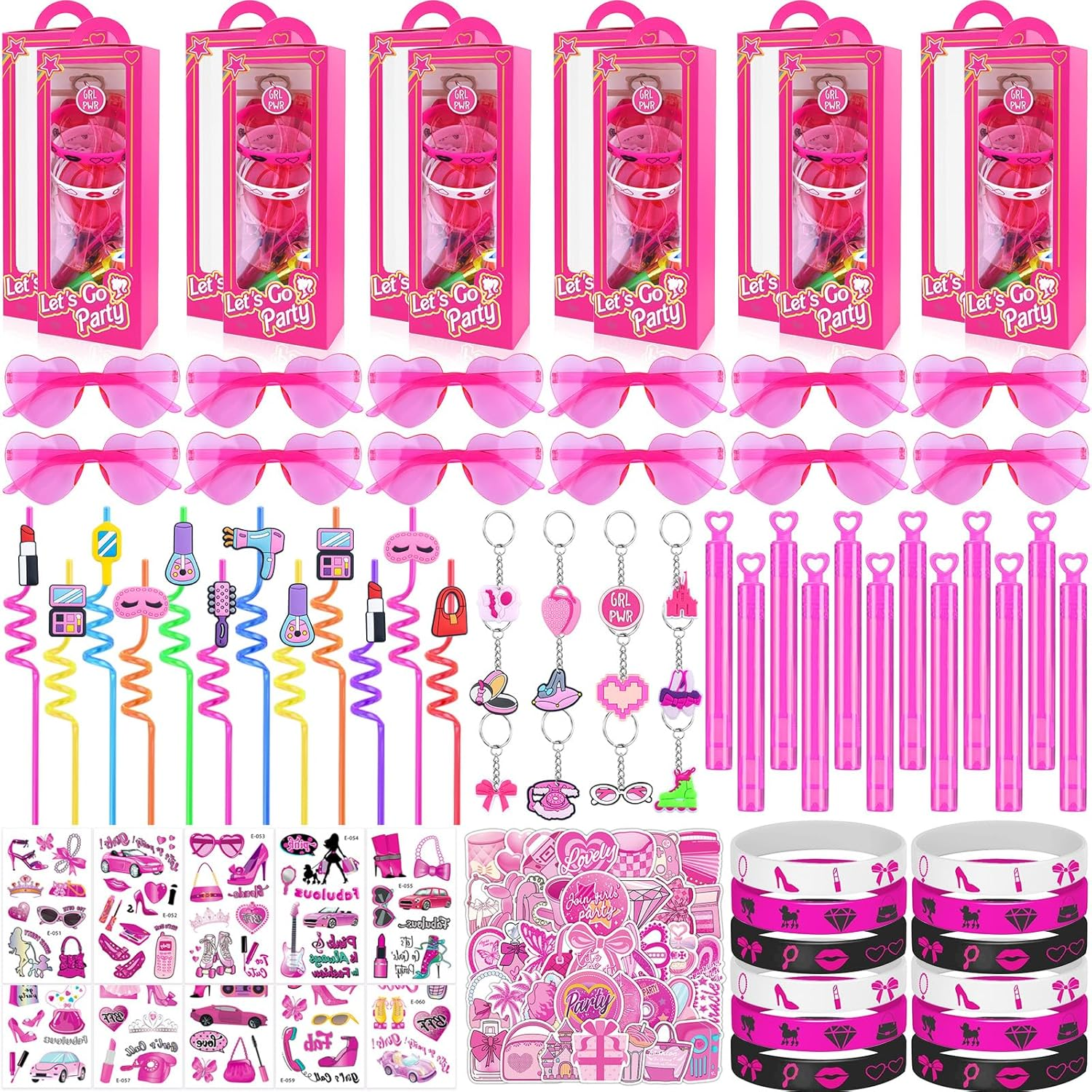 132Pcs Pink Girls Party Favors Pack with Heart Glasses Stickers & More
