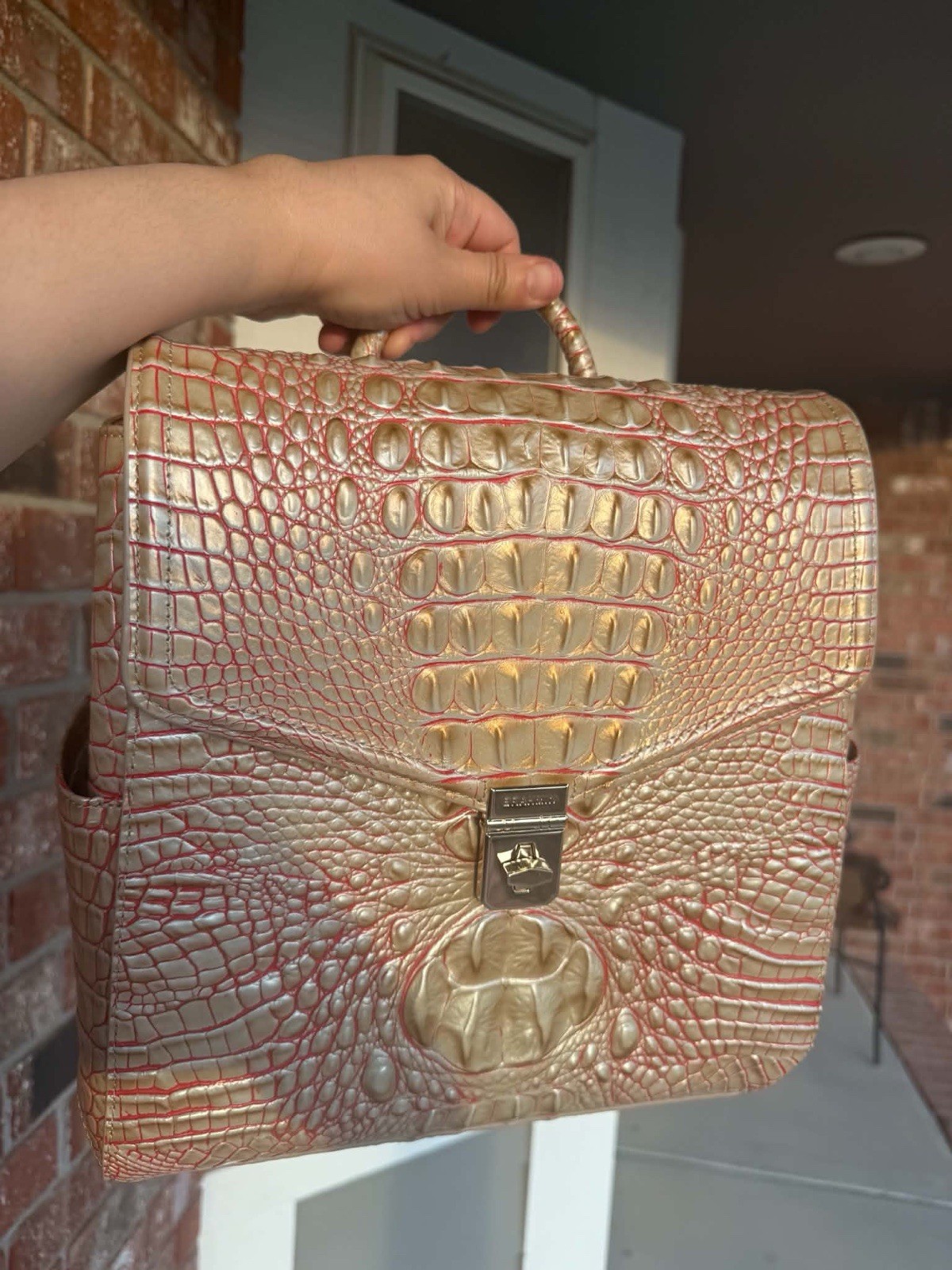 NWT $325 Brahmin Liz Sunkiss Melbourne Croc Embossed Leather BackPack red beige