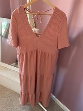 Papaya Pink Textured Tiered Smock Midi Dress | Size 16 | Spring Boho Cottage