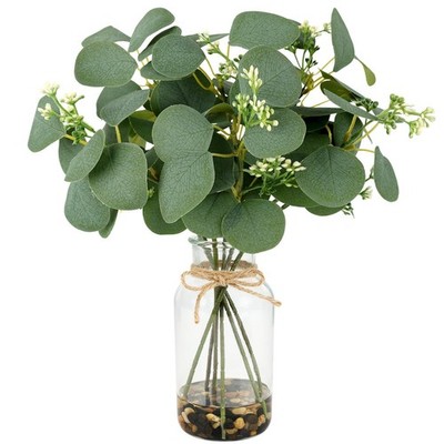 MACTING Artificial Eucalyptus Stems in Glass Vase with Faux Water Stones 14'' ...