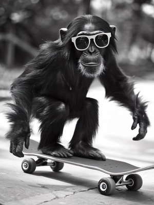 Schimpanse performt Skateboard Sprung - Lustiger Affe Sport Poster Kunstwerk A1-A4