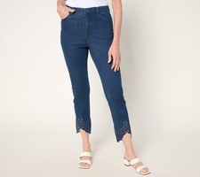 Susan Graver Regular Slim Leg Ankle w/ Embroidered Hem Jeans Deep Indigo 4 New