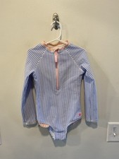 RuffleButts Blue Seersucker Long Sleeve One-Piece Rash Guard Swimsuit Size 6