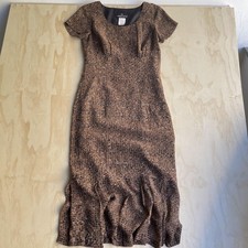 Vintage Carole Little Dress Womens 6 Brown Animal Print Ruffle Hem Long Sheath