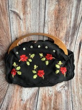 Vintage 70 s Wood Handled Floral Hand Embroidered Handbag Purse Clutch EUC 6 X 9