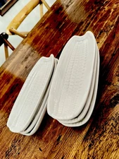 Vintage Handmade White Ceramic Corn on the Cob Trays. Set of 6. Portugal.