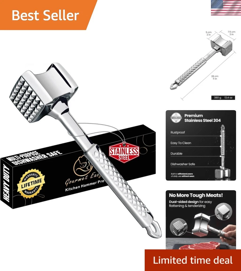Stainless Steel Meat Tenderizer Tool, Meat Mallet with Non-Slip Grip, Dual-s...