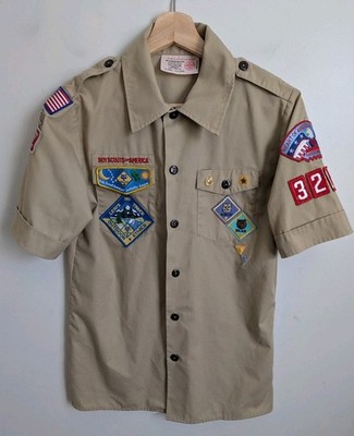 Boy Scouts Uniform Shirt Youth Large Short Sleeve Tan Patches Pins MO KS BSA VGC