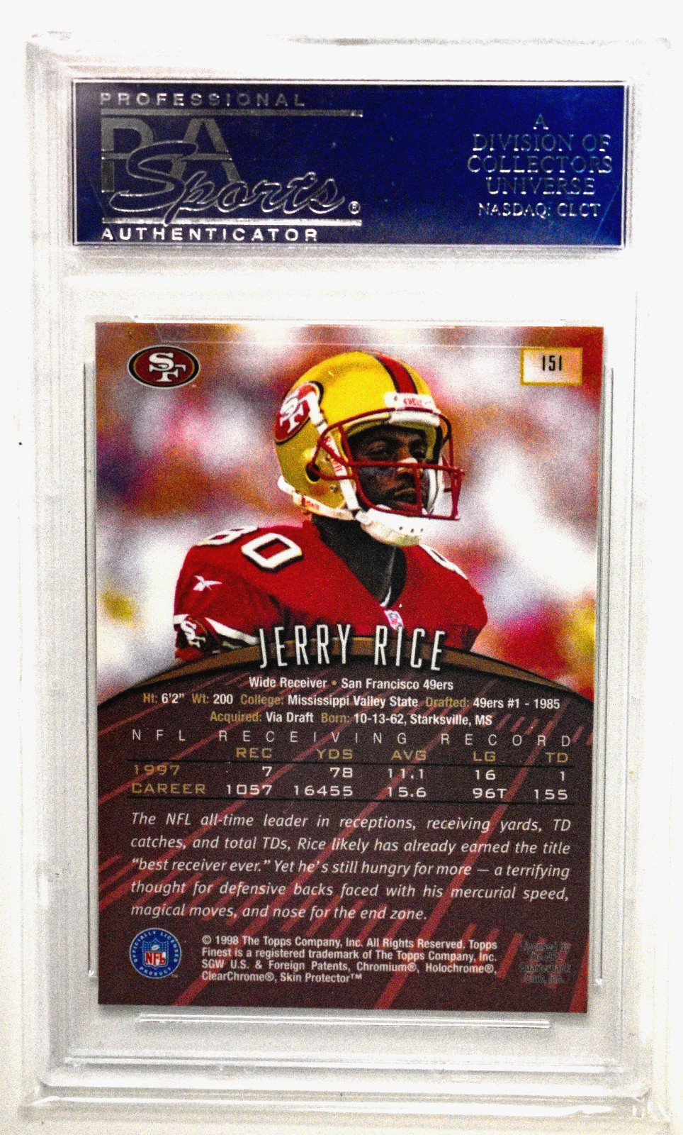 1998 Topps Finest #151 Jerry Rice w Coating PSA 10 Gem Mint 49ers view 2